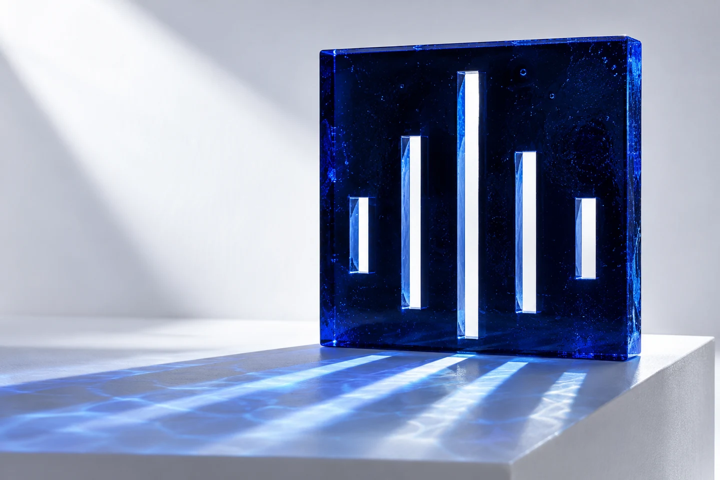A sculptural cobalt glass Flightbox mark, with five narrow cutouts casting blue light.